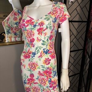 Floral Sweetheart Mini Dress - Cream with Pink & Yellow